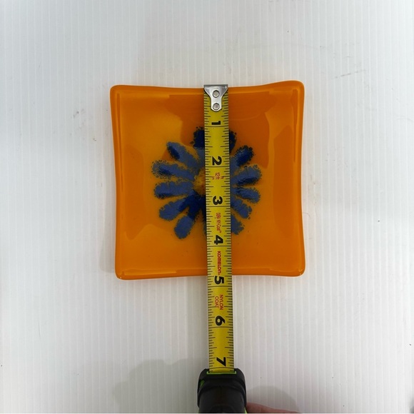 Flower Square Curled Edge Fused Art Glass Dish Trinket Coin Tray Signed - Picture 5 of 5